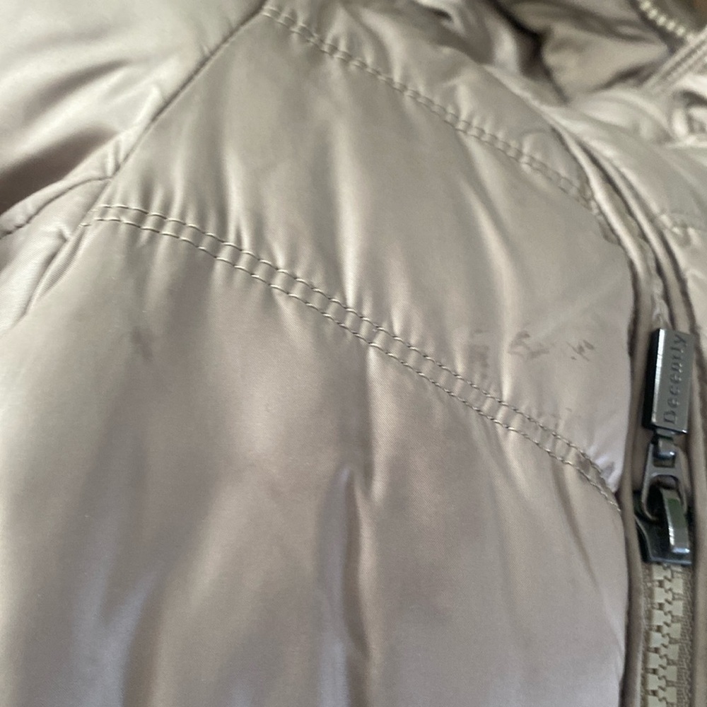 DECENTLY, DUCK DOWN WARM fitted Hooded midi length tan Puffer Coat SIZE MEDIUM - Picture 4 of 17